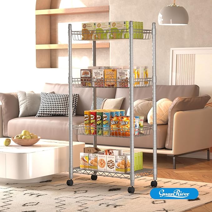 4 Tier Wire Shelving Wire Basket Shelf Storage Cart Adjustable Metal Shelf 2 Bottoms for Choose(Castor or Leveling Feet) for Office,Kitchen,Bedroom,Silver(23.23" L x 13.11" W x 49.21" H)