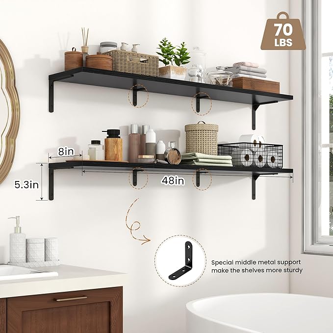 Fun Memories Deep Floating Shelves, 48W x 8D Floating Shelves Set of 2, Wall Mounted Shelf with Metal Brackets, Rustic Wood Wall Shelf for Bathroom, Kitchen and Living Room, Black-NeatNest