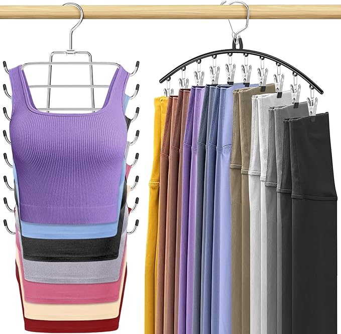 2 Pack Legging Hangers for Closet Organizer, 1 Pants Hangers with 10 Clips, 1 Pack Tank Top Hanger Space Saving Closet Organizers and Storage for Yoga Pants Skirt Bra Lingeries Dorm Essentials-NeatNest