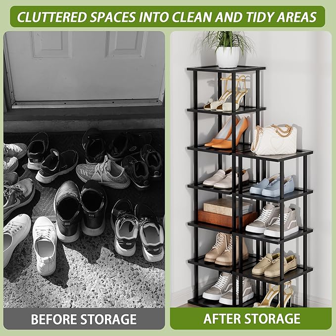 Vertical Tall Shoe Rack Organizer for Entryway -12 Tier Free Standing Slim Narrow Bamboo Wood Corner Stackable Shoe Boots Storage Stand Small Spaces for Closet Garage Cloakroom Living Room (Black)-NeatNest