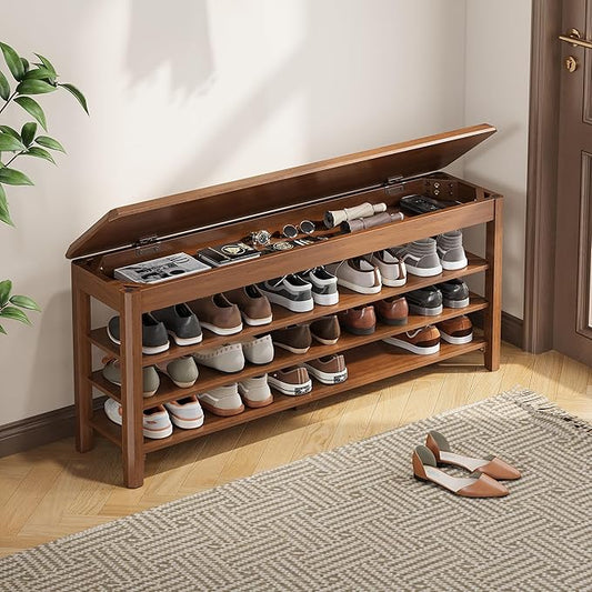 Shoe Rack Bench Seat Rubberwood 3-Tier Wooden Storage Bench 550lbs Compact Mid-Century Modern Design for Entryway, Hallway, Closet, Front Door Entrance, Foyer