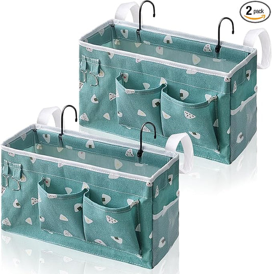 2pcs Bedside Caddy Hanging Storage Bag, Organizer Baskets with Pockets for Bunk Bed Shelf and Hospital Beds, Loft & Dorm Rooms Chair Bed Rails Accessories (Bedside bag-Riceball)-NeatNest