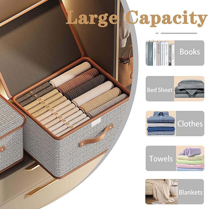 Tuza 4 Pack Storage Bins with Lids, Collapsible Closet Organizer Container, Fabric Organizer Box with Handles, Decorative Storage Boxes with Lids for Organizing Clothes, Blanket, Light Grey, Medium-NeatNest