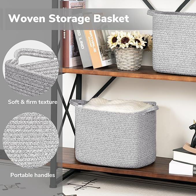 INDRESSME Woven Storage Basket, Multi-Use Organizer for Bathroom, Storage Bin for Baby Nursery & Laundry, Rope Basket for Toys & Diapers, Grey, 13 x 10 x 9 Inches