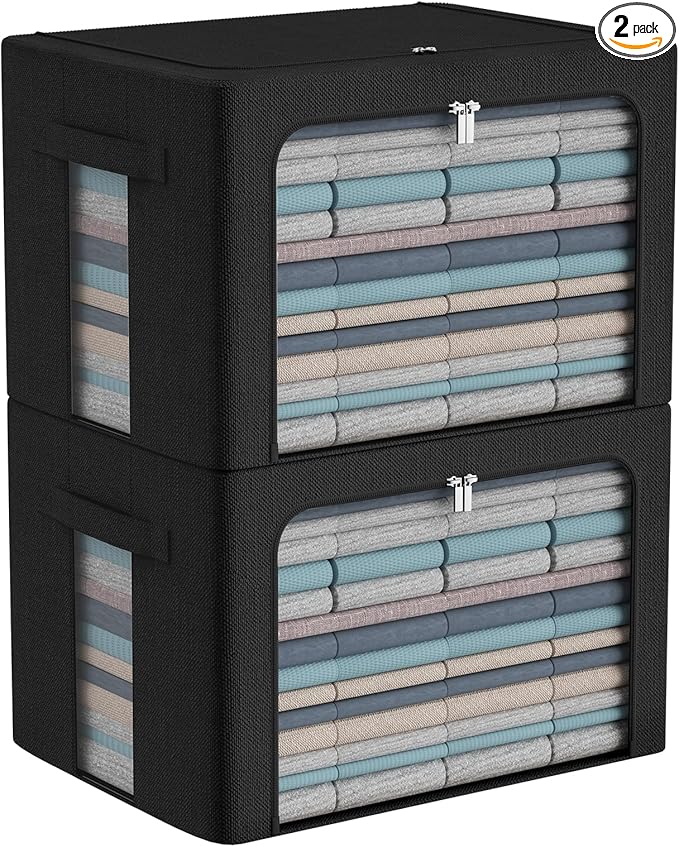Extra Large Clothes Storage Bins Box - Linen Fabric Foldable Stackable Container Organizer Set with Clear Window & Carry Handles & Metal Frame (Black, Extra Large-100L)-NeatNest