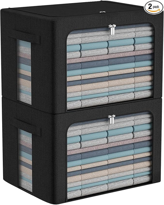 Extra Large Clothes Storage Bins Box - Linen Fabric Foldable Stackable Container Organizer Set with Clear Window & Carry Handles & Metal Frame (Black, Extra Large-100L)-NeatNest
