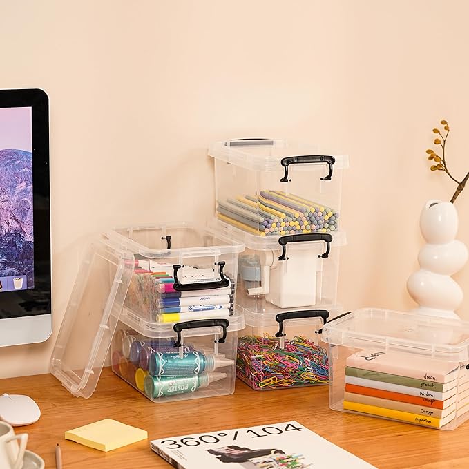 ITYLIFE CITYLIFE 4 Packs 3.5 QT Small Storage Bins with Black Handle Clear Plastic Bins with Reinforce Bottom Stackable Storage Containers for Organizing Art Supply, Craft Stuff, Markers, Small Toys