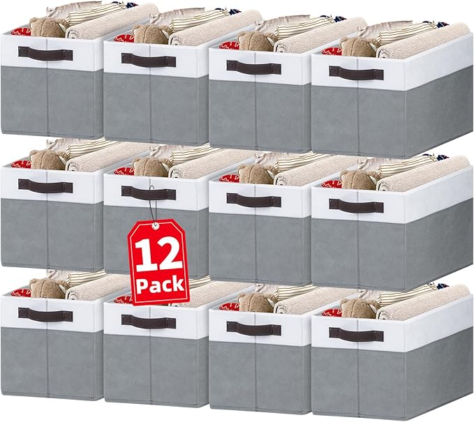 Criusia 12 Pack Large Storage Baskets for Shelves | Fabric Closet Organizers and Storage Bins with Handles for Home Organization | Decorative Collapsible Basket for Organizing Clothes Toy Nursery-NeatNest