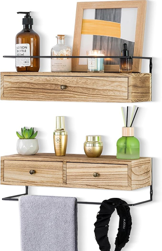 Floating Shelves for Wall Storage, Wall Mounted Bathroom Shelf with Drawers Set of 2, Rustic Wood Wall Shelves for Bedroom, Living Room, Kitchen, Home Decor, Plants, Books-NeatNest
