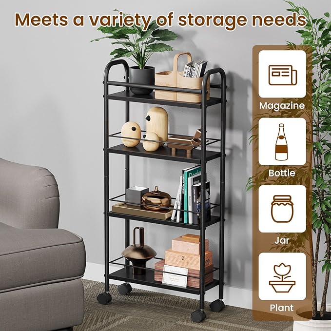 Black Slim Storage Cart, 4 Tier Rolling Utility Cart on Wheels, Slim Bathroom Storage for Small Spaces in Kitchen, Dining Room, Bathroom, Laundry Room, Black