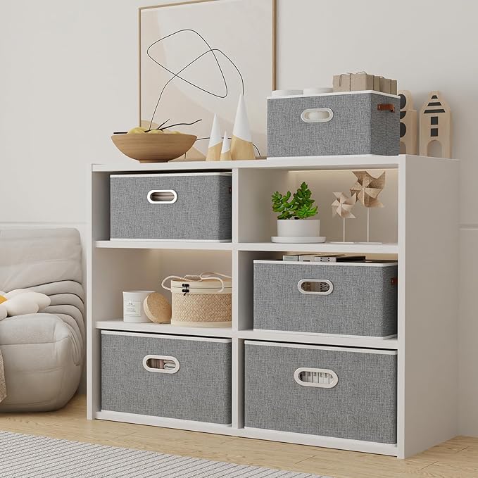 Yawinhe Fabric Storage Baskets, Foldable Closet Organizer for Shelves, Large Boxes with 3 Handles, Canvas Bins for Clothes, Grey, 12.99''Lx9.05''Wx7.87''H, 6-Pack-NeatNest