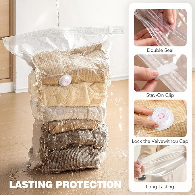 8 Pack Vacuum Storage Bags Jumbo, Vacuum Seal Bags for Clothing, 1 Jumbo+2 Large+2 Medium+3 Small, 80% Space Saver Bags for Clothes, Pillows, Comforters, Blankets,Home Travel Essentials(8 Combo)-NeatNest