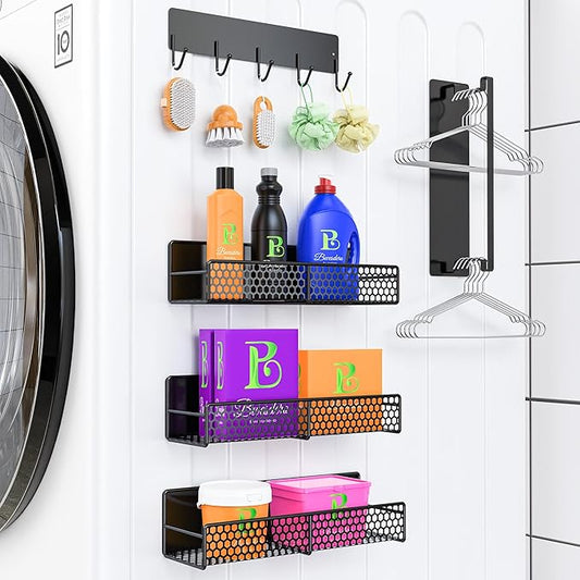 5 Pack Heavy-Duty Magnetic Shelves for Laundry Room & Kitchen, Spice Rack for Refrigerator, Magnetic Shelf for Washer and Dryer with Towel Holder, Laundry Room Organization & Storage (Black)