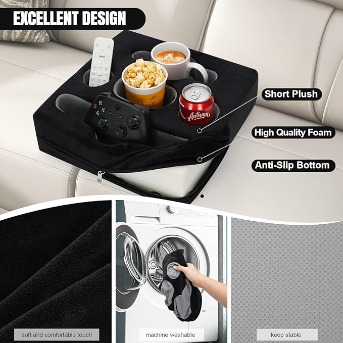 STBoo Couch Cup Holder Pillow Tray - Sofa Drink Cup Holder Cozy Buddy | Bed Caddy Organizer for Remote, Snacks Beverage, Phones, Tablet | Use it on Car, Pack, Beach, RV, Boat, Bedroom (Black)-NeatNest
