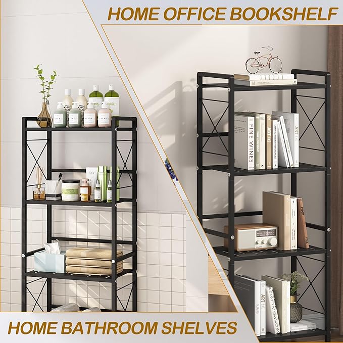 JSB 5 Tier Metal Bookshelf Bathroom Storage Standing Shelf Unit Kitchen Storage Organizer Display Rack Bookcases Shelves for Living Room, Bedroom, Office (Widen Black, 5 Tier)