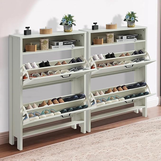 Shoe Cabinet with 2 Flip Drawers, Narrow Shoe Storage Cabinet, Freestanding Shoe Cabinet Organizer, Hidden Shoe Rack Cabinet for Entryway, Hallway (2-Drawers, Off White)-NeatNest