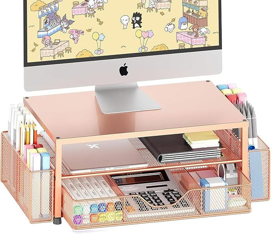 Desk Organizers and Accessories, 2-Tier Computer Monitor Stand Riser with Drawer and 2 Pen Holders, Laptop Stand, Office Desk Accessories for Office Supplies, Rose Gold