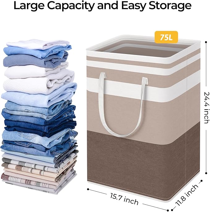HomeHacks 2-Pack Large Laundry Basket, Waterproof, Freestanding Laundry Hamper, Collapsible Tall Clothes Hamper with Extended Handles for Clothes Toys in the Dorm and Family (Brown, 75L)-NeatNest