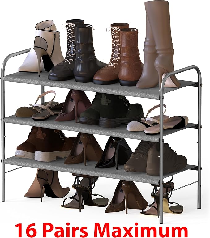 Simple Houseware 3-Tier Shoe Rack Storage Organizer, Grey – Space-Saving Shoe Shelf, Holds 9–16 Pairs, Sturdy Metal Frame, Easy Assembly – Closet, Entryway, Bedroom Shoe Storage Solution-NeatNest