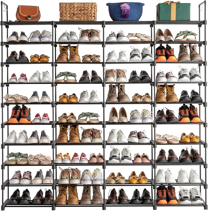 10-Tier Tall Shoe Rack - Free Standing Large Metal Closet Storage Shelves - Stackable Shoe Stand with Hooks for Bedroom Entryway - Holds 80 Pairs - Black-NeatNest
