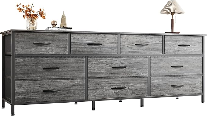 Huuger 63 Inch Dresser for Bedroom, Long Dresser with 10 Fabric Drawers, TV Stand for 55, 65, 70 Inch TV, Toy Storage Organizer for Closet, Grey-NeatNest