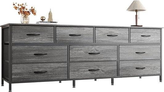 Huuger 63 Inch Dresser for Bedroom, Long Dresser with 10 Fabric Drawers, TV Stand for 55, 65, 70 Inch TV, Toy Storage Organizer for Closet, Grey-NeatNest