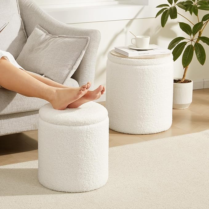 Boucle Round Ottoman with Storage Set of 2,Small Foot Stool Ottoman for Living Room, Small Coffee Table,Vanity Stool with Storage for Bedroom, White-NeatNest