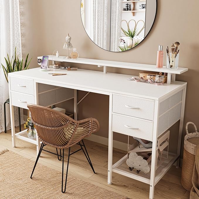 Huuger 55 inch Computer Desk with 4 Drawers, Gaming Desk with LED Lights & Power Outlets, Home Office Desk with Large Storage Space for Bedroom, Work from Home, White-NeatNest