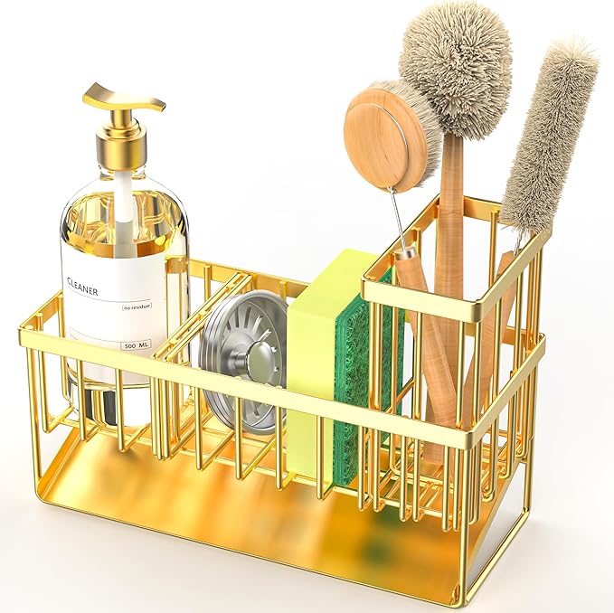 Cisily Gold Kitchen Sink Caddy Organzier with High Brush Holder, Sponge Holder for Sink, 304 Rustproof Stainless, Kitchen Countertop Soap Dispenser Organizer, Home Decor and Accessories-NeatNest