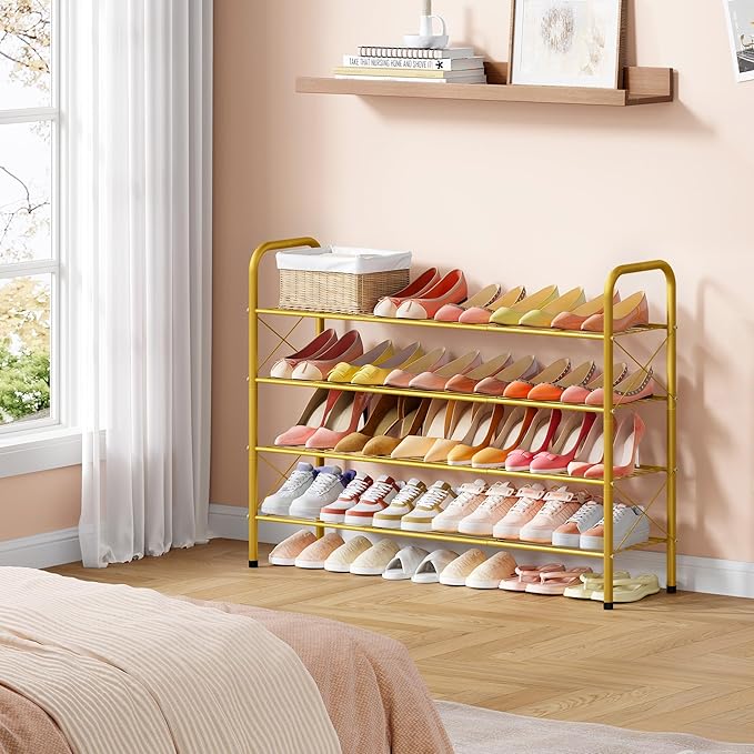 Hoctieon 4 Tier Mesh Style Shoe Rack, Entryway Shoe Shelf, Shoe Storage Organizer, Shoe Rack for Closet, Space Save for Bathroom, Garage, Hallway, Bedroom, Living Room, Gold-NeatNest