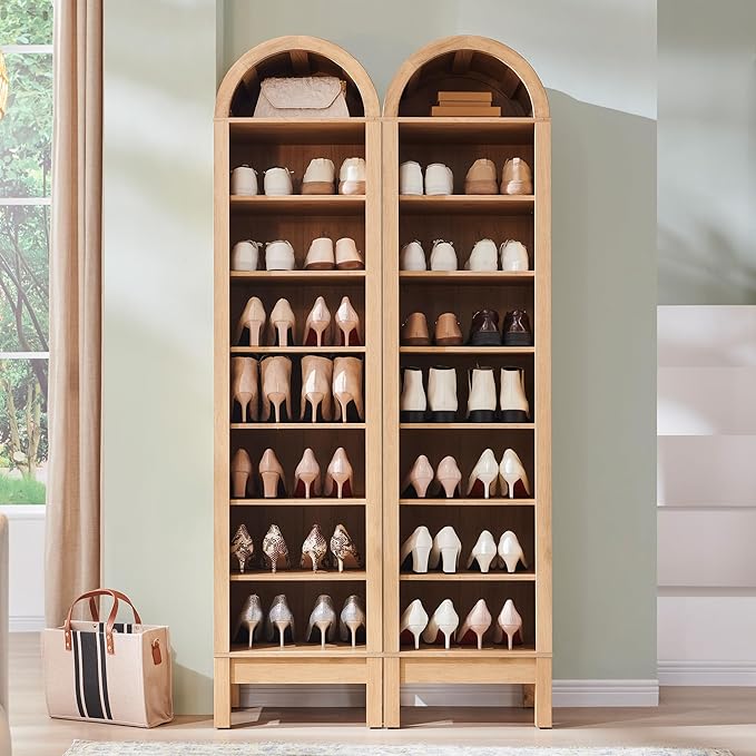 71" Tall Arched Shoe Storage Cabinet, 8 Tiers 16 Pairs Wooden Shoe Rack with 3 Adjustable Shelves, Freestanding Shoe Closet Shelf Organizer for Entryway, Hallway, Living Room (Natural)-NeatNest