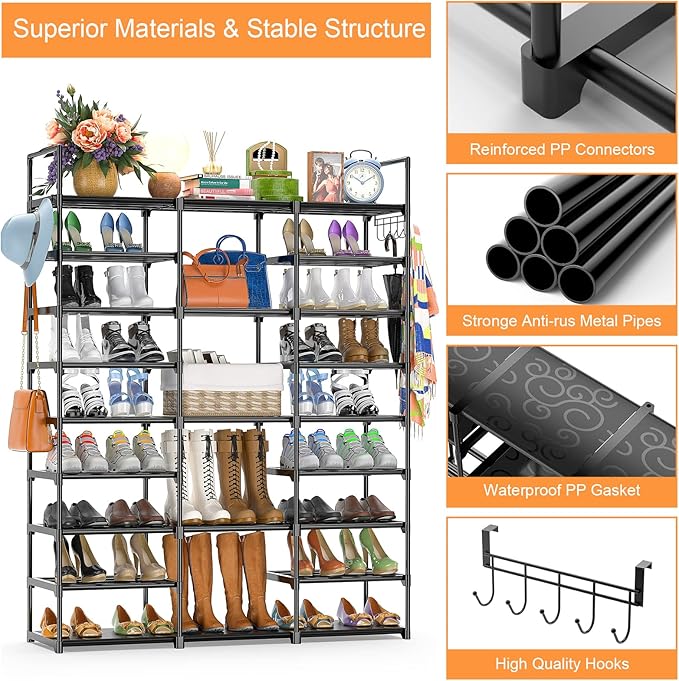 Kottwca 9-Tier Metal Shoe Rack Organizer for 50-55 Pairs - Space Saving Shoe Storage Shelf for Entryway, Closet, Bedroom, Hallway-NeatNest