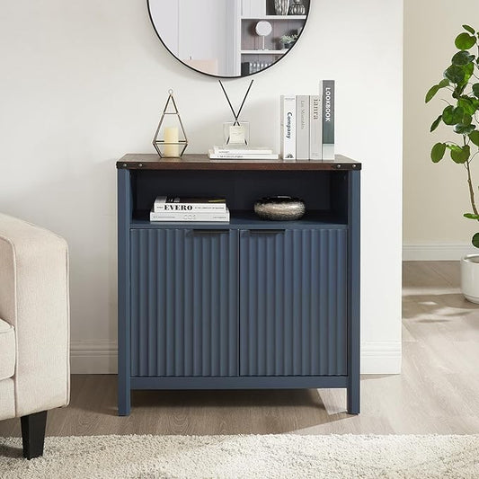 32 Inch Fluted Sideboard Buffet Cabinet with Storage, Modern Farmhouse Accent Credenza with Adjustable Shelves, Coffee Wine Bar Organizer for Kitchen, Entryway, Living Room, Navy Blue