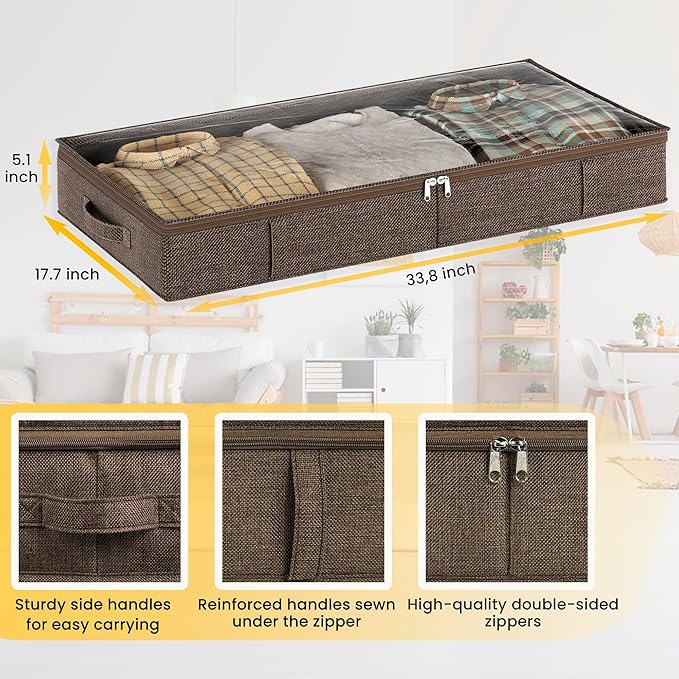 Brown Low Profile Under Bed Storage Containers 5 inches high, 33.8"x 17.7"x 5.1", Sturdy Underbed Shoe Storage Organizer, Foldable Fabric Under the Bed Storage Bins - Pack of 2-NeatNest