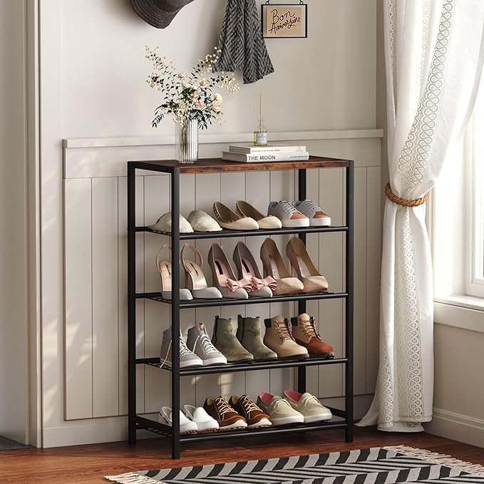 Yusong Shoe Rack Organizer, 5 Tier Industrial Shoe Storage Shelf, Narrow Sturdy Metal Shoe Shelves for Closet Entryway, Rustic Brown-NeatNest