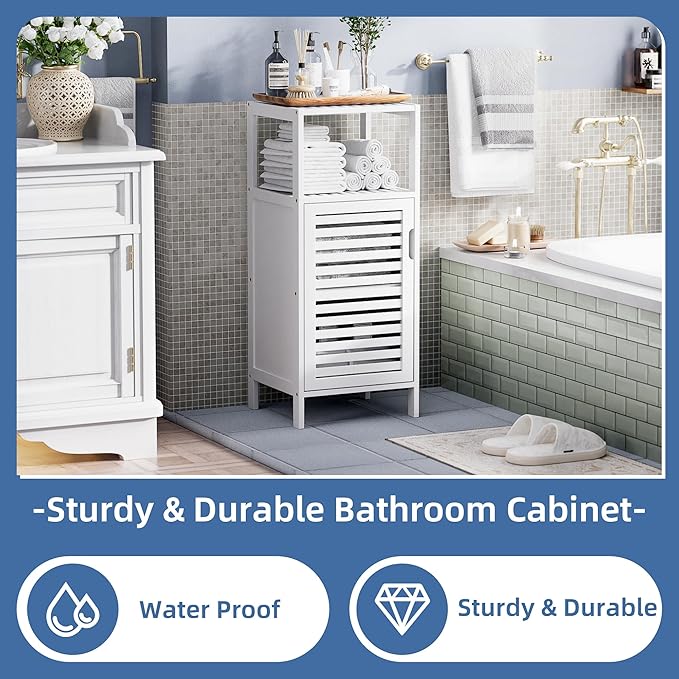 HITNET Bamboo Bathroom Storage Cabinet, 4 Tier Small White Floor Cabinet with Single Door, Free Standing Slim Narrow Storage Organizer for Bedroom Living Room