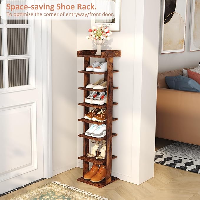 HOMEFORT 7-Tier Wood Shoe Rack, Entryway Shoe Tower,Vertical Shoe Organizer, Wooden Shoe Storage Stand, Rustic Brown-NeatNest