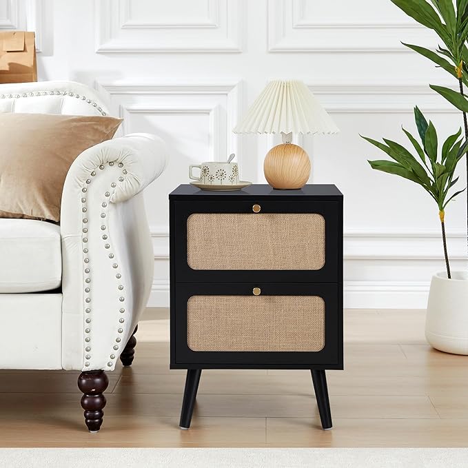 Mid Century Night Stand with 2 Drawers, Farmhouse End Table with Storage & Curved Linen Panel, Modern Nightstands Bedside Table Small Side Tables for Small Space, Bedroom (Black)