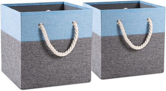 PRANDOM Large Foldable Cube Storage Bins 11x11 inch [2-Pack] Fabric Linen Storage Baskets Cubes Drawer with Cotton Handles Organizer for Shelves Nursery Closet Bedroom Blue-NeatNest