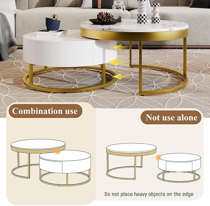 Modern Round Nesting Coffee Table with Drawers in White, Circle Coffee Tables for Living Room