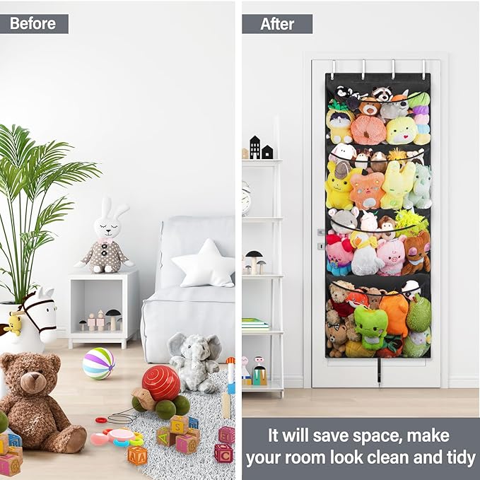 Hanging Stuffed Animal Storage, Over Door Large Plush Toy Organizer with Metal Hook, Baby Accessory Holder Idea for Nursery, Doll & Bear Mesh Hammock Bag for Girl Boy Kid Room-NeatNest