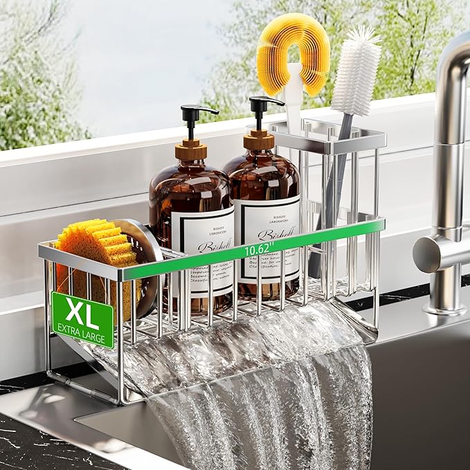 Cisily Extra Large Silver Kitchen Sink Caddy Organzier with High Brush Holder, Sponge Holder for Sink, 304 Rustproof Stainless, Kitchen Countertop Soap Dispenser Organizer For Decor and Accessories-NeatNest