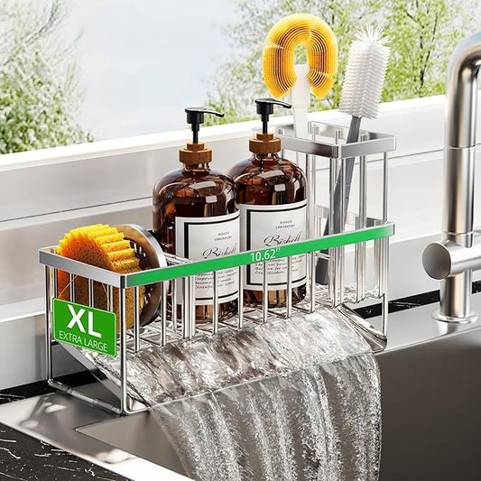 Cisily Extra Large Silver Kitchen Sink Caddy Organzier with High Brush Holder, Sponge Holder for Sink, 304 Rustproof Stainless, Kitchen Countertop Soap Dispenser Organizer For Decor and Accessories-NeatNest