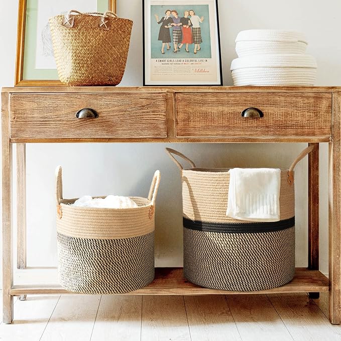 CHICVITA Extra Large Jute Woven Storage Basket with Handles – Laundry Basket Toy Towels Blanket Basket Home Decor Gift, 16" x 16", Black-NeatNest