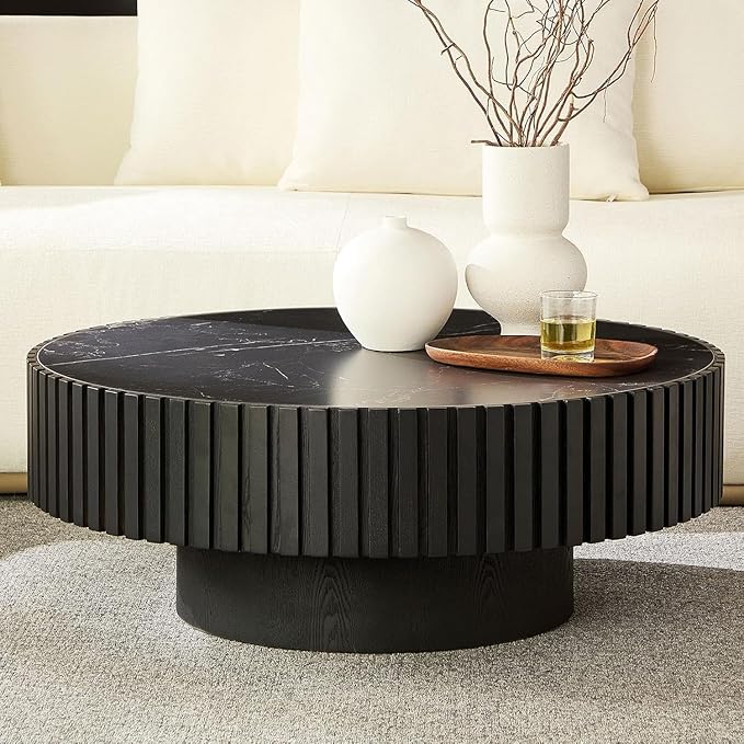 Coffee Table Stone Round 35.43'' for Living Room Modern Coffee Tables Wood Circle Drum Tea Fluted Solid Wooden Veneer Sintered Tabletop Handcraft Home Furniture for Apartment Easy Assembly Black-NeatNest