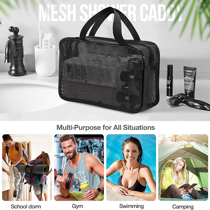 Mesh Shower Caddy Mash Shower Bag Black Portable Mesh Accessories Organizer Tote for Gym College Dorm Room (Black-Large)-NeatNest