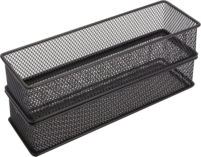 Annova Mesh Stackable Drawer Cabinet and Shelf Organizer Bins Storage Basket School Office Supply Holder Tray- Set of 2 (Black, 3x9x2 Inch)-NeatNest