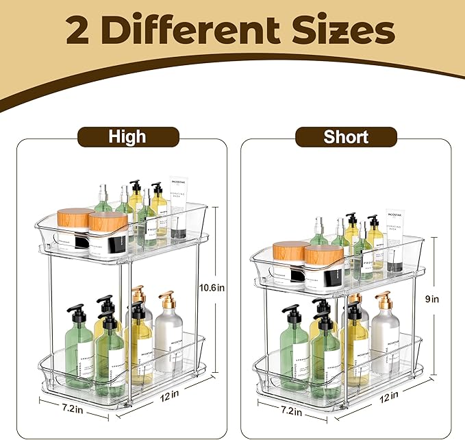 2 Tier Pull-Out Organizer for Bathroom Kitchen, Under Sink Storage with Dividers, Ideal for Cabinet, Cupboard Organization, Slide-Out Clear Storage, 2 Pack-NeatNest