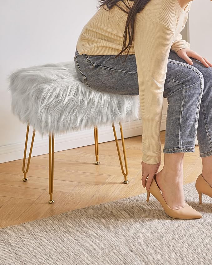 IBUYKE Rectangular Faux Fur Vanity Stool with Storage, Furry Makeup Chair Ottoman, Soft Padded Seat, Round Footrest Footstools with 4 Metal Legs, for Living Room Bedroom Entryway, Gray WBD022G