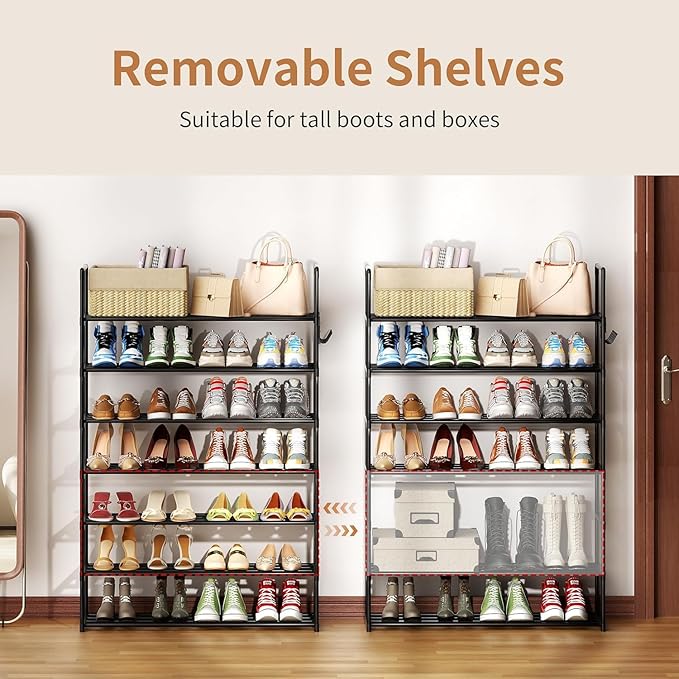 Metal Shoe Organizer,7 Tiers Shoe Storage Shoe Rack with Hooks,Fit 28-35 Pairs,Adjustable Shoe Shelf for Entryway,Hallway,Bedroom,Metal Bottom Support-NeatNest